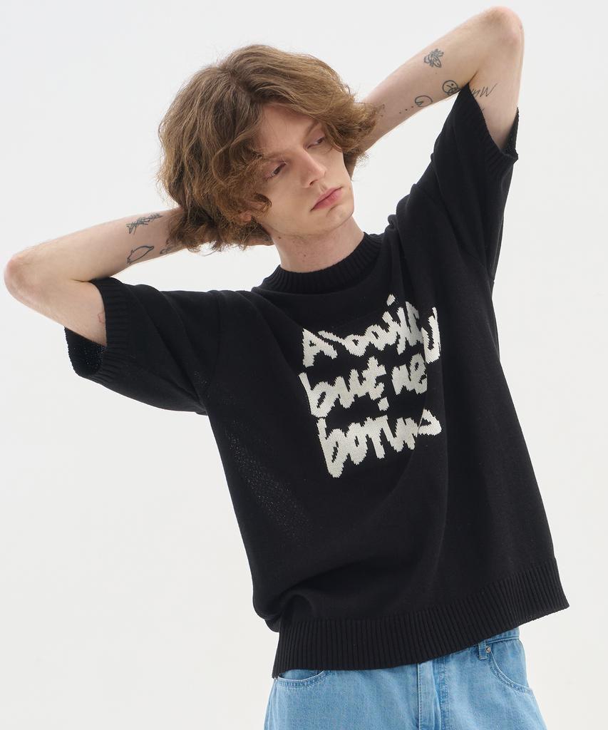 BLOND9 Slogan Round Short Sleeve Knit_Black