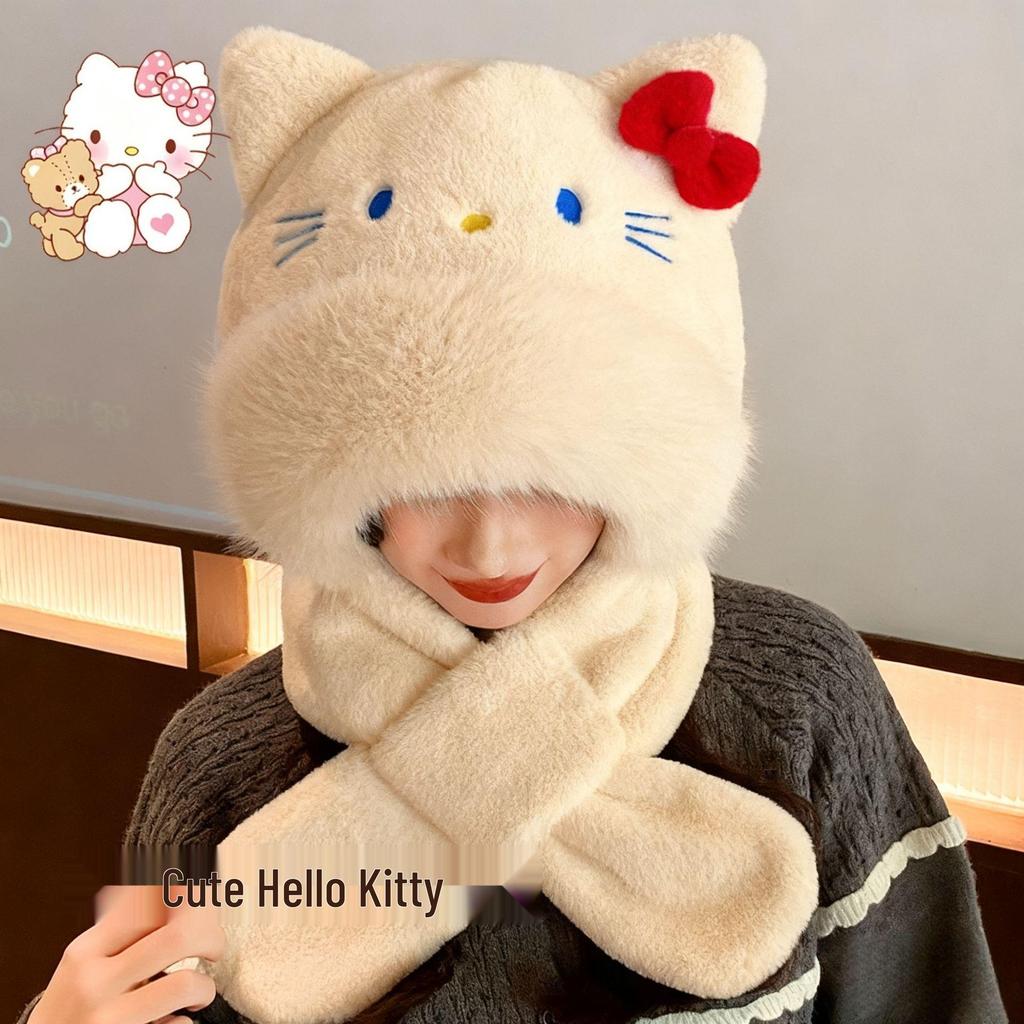 KT Cat Ears Plush Three-in-One Winter Set: Warm Hooded Scarf, Hat, and Gloves