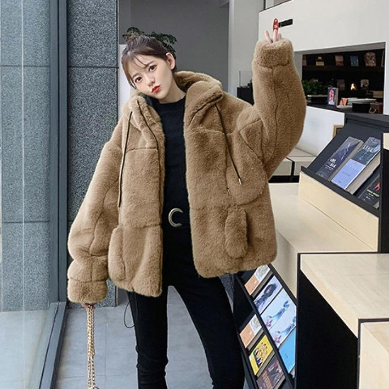 Autumn and winter new imitation fur jacket female Rex rabbit hair imitation fur hooded plush jacket loose warm and fashionable