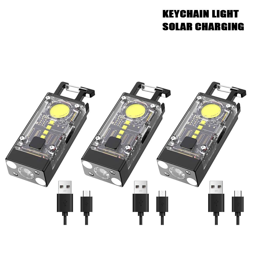 Mini EDC Solar LED Flashlight Portable Multifunctional Keychain Torch USB Rechargeable COB Camping Lantern with Strong Magnetic