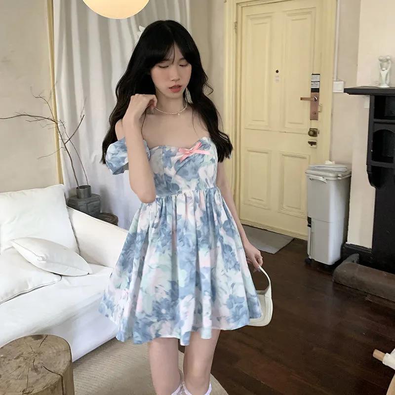 Summer New French First Love Platycodon Story Student Waist Thin Smudge Bubble Sleeve Dress