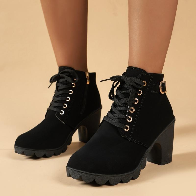 

Autumn And Winter New Korean Version British Style high-heeled Thick-heeled Boots Lace Short Single Boots Naked Boots Women 38