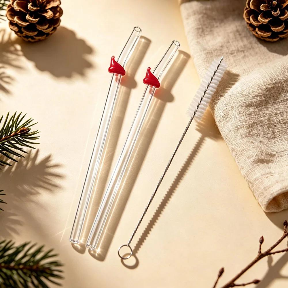 2Pcs Christmas Reusable High Borosilicate Glass Drinking Straws Set Set with 1Pc Brush Milk Shake Coffee Cocktail Straw Bar