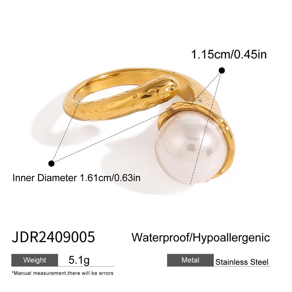 Elegant 18k Gold Stainless Steel Open Ring with Hammered Texture and Inlaid Pearl Bead