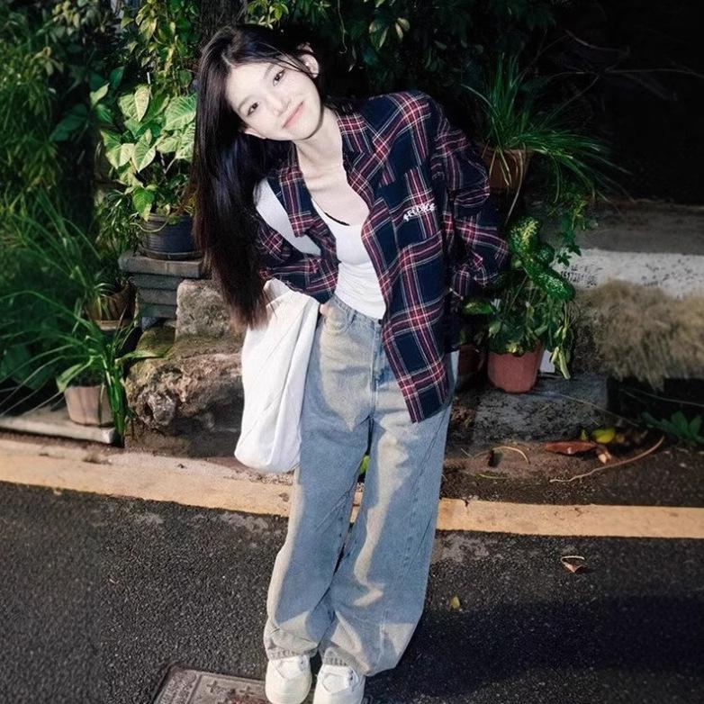 

2025 Spring/Autumn Women s Retro Plaid Shirt - Chic Hong Kong Style XXXL