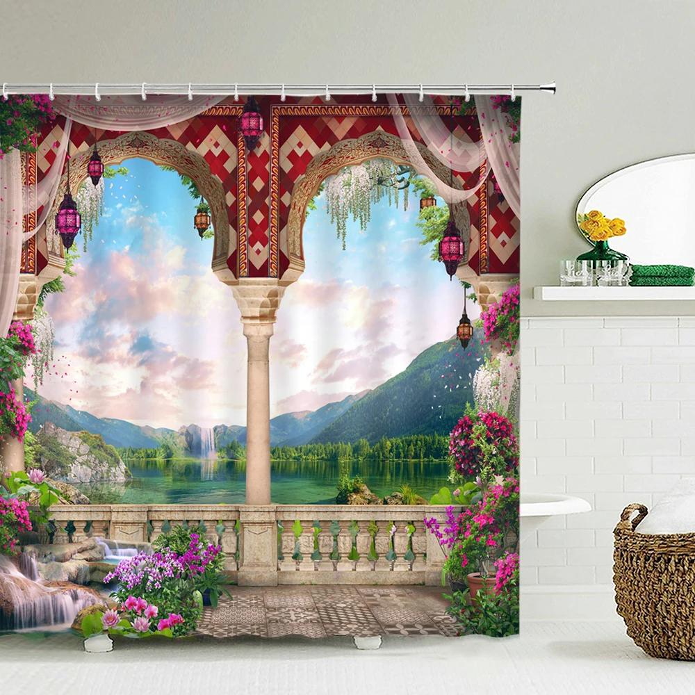 Flowers Garden Landscape Shower Curtain European Retro Rural Scenery Wall Decor Hanging Curtain Waterproof Bathroom Curtains