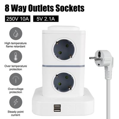Overload Protector Switch Tower 8 Way Outlets Socket Multi Power Strip Vertical 3/1.8m Extension Cord with 2 USB EU Plug