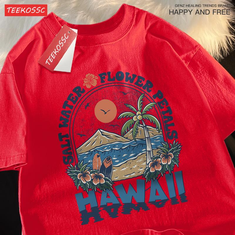 Salt Water Flower Petals Hawaii Clothes Men Women Harajuku Summer Tshirt Cartoon Cotton T-Shirt Fashion Breathable Couple Tops