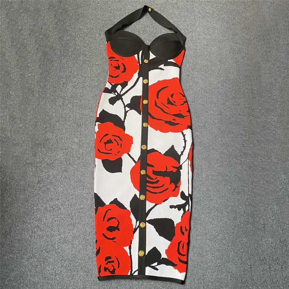 2024 Rose Jacquard Bandage Skirt: Sexy Halter Neck Dress with Gold Buttons