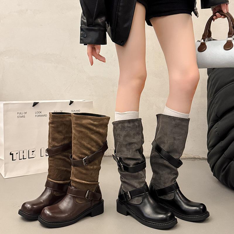New retro belt buckle medium boots women's British style thick heel round head knight boots slim pile boots
