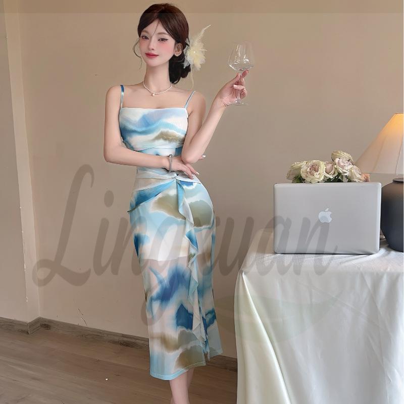Pure Desire Mesh Print Bodycon Slit Dress Small синий