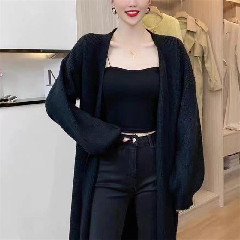GMXIA Soft Waxy Solid Color Knitted Cardigan Women Autumn Loose Lazy Wind Long Sweater Coat