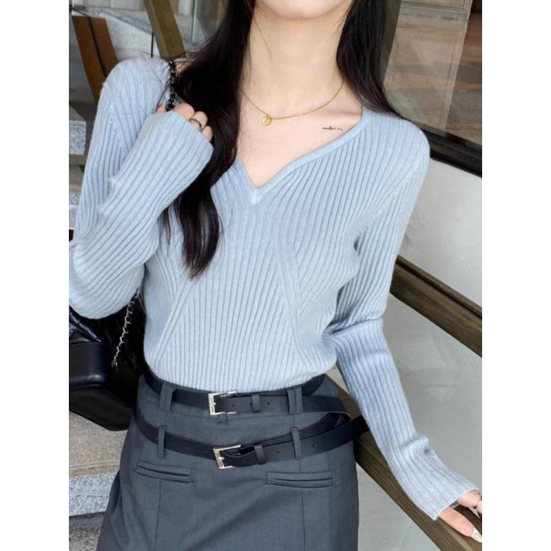 Autumn Winter Fashion Long Sleeved Pullover Sweater Women V Neck Loose Casual Bottoming Shirt 2025 Inner Knitted V-neck Top Solid Clothing