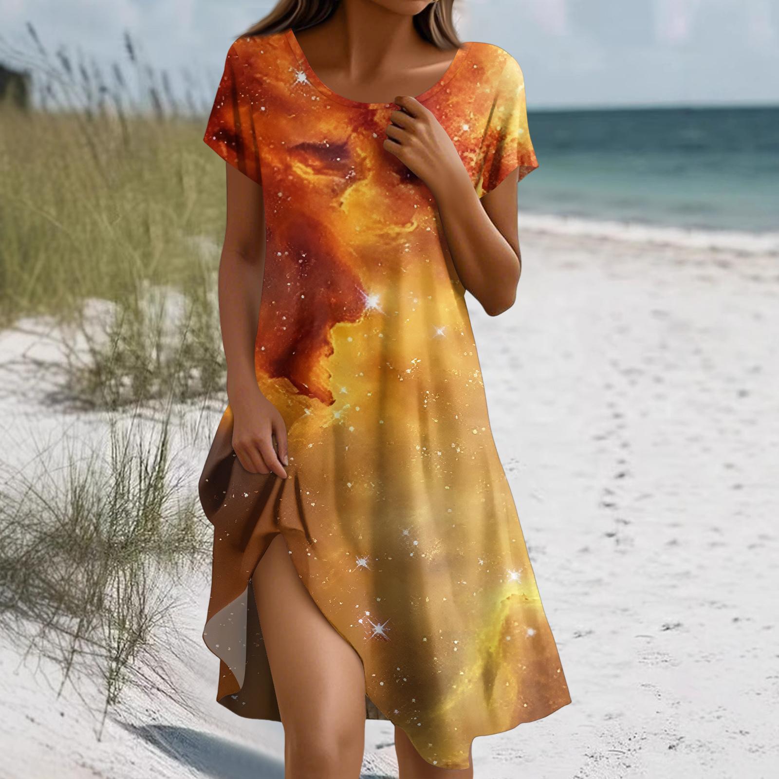 

Women s Fashion Short-Sleeve Bohemian- -Print Dress With Pockets XL шафрановий