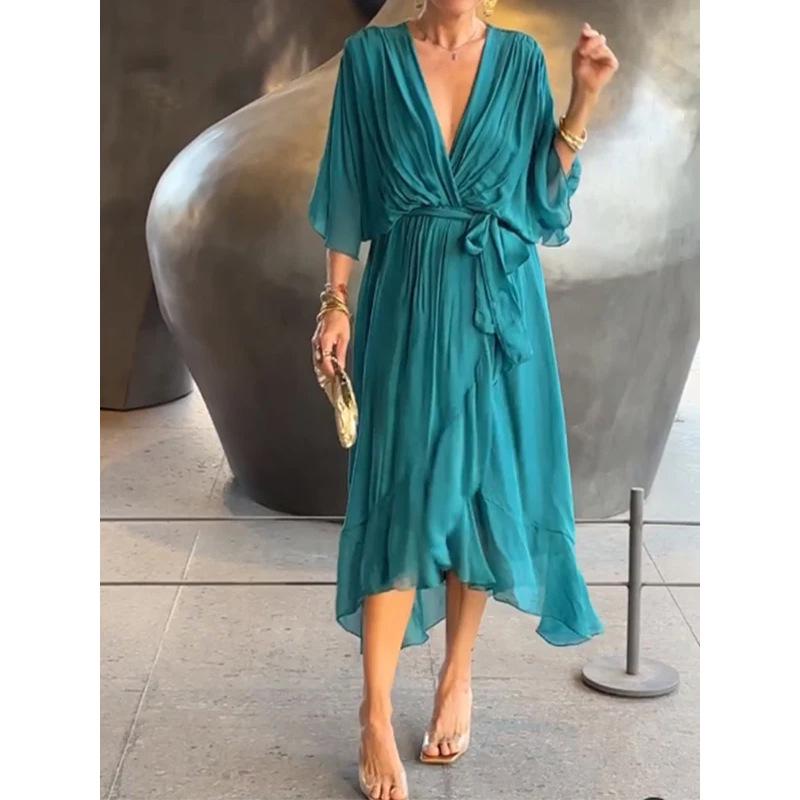 

Solid Color Batwing Sleeve Tie-Up Maxi Dress - Plus Size M