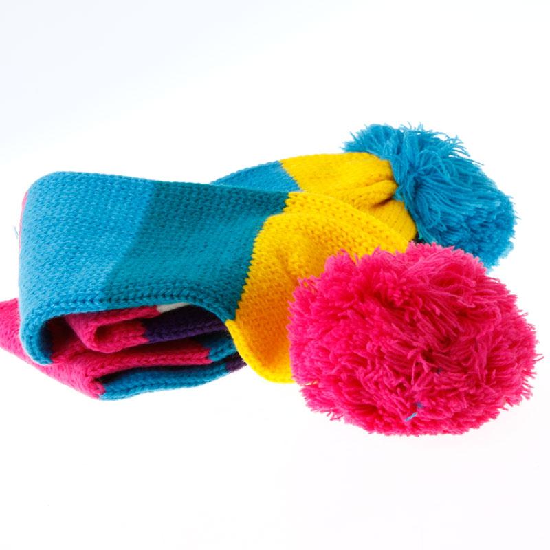 Colorful Strips Scarf with Two Rose & Blue Balls