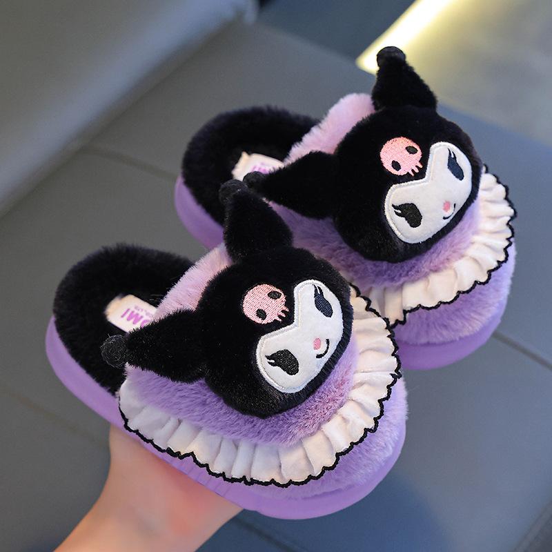 

Kuromi children s cotton slippers for girls, winter indoor cartoon parent-child plush non-slip baby cotton shoes 24/25Code(Inner Length15C