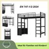 Metal Bed Loft Bed 90x200cm No Mattress with Desk Socket And USB Children Multiple Shelves Open Storage Cabinet Railing Ladder Iron