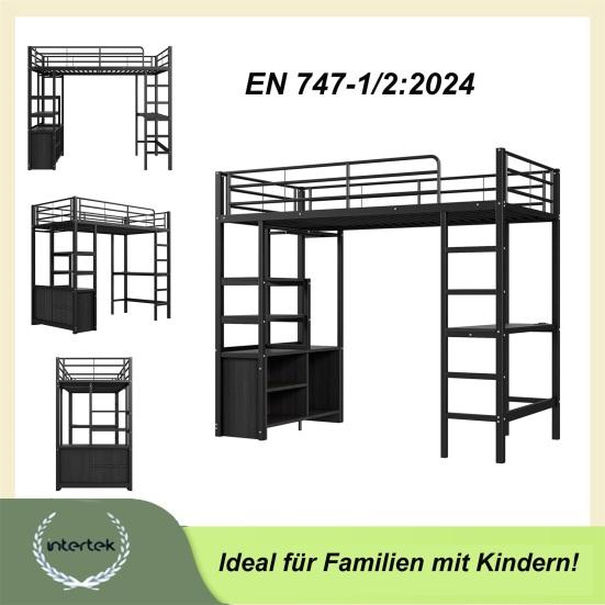 Metal Bed Loft Bed 90x200cm No Mattress with Desk Socket And USB Children Multiple Shelves Open Storage Cabinet Railing Ladder Iron