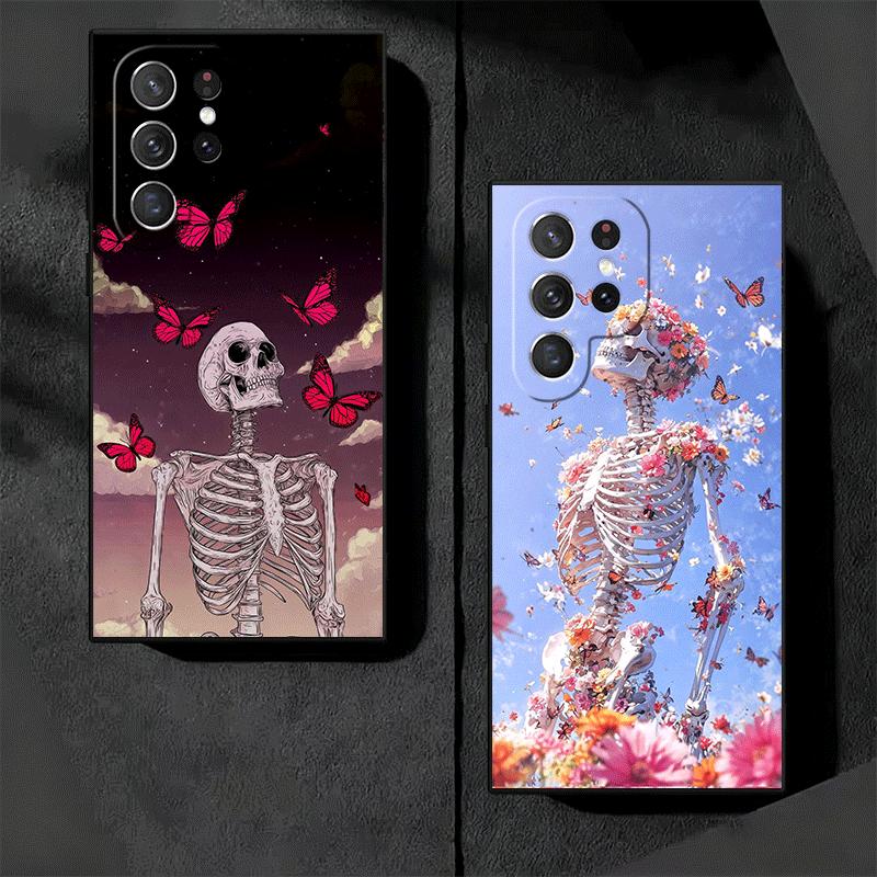 Floral Skull Flower Skeleton Soft Phone Case for Samsung Galaxy S26 S25 Edge S24 Ultra S23 Plus S22 S21 FE S20 Black Cover Back