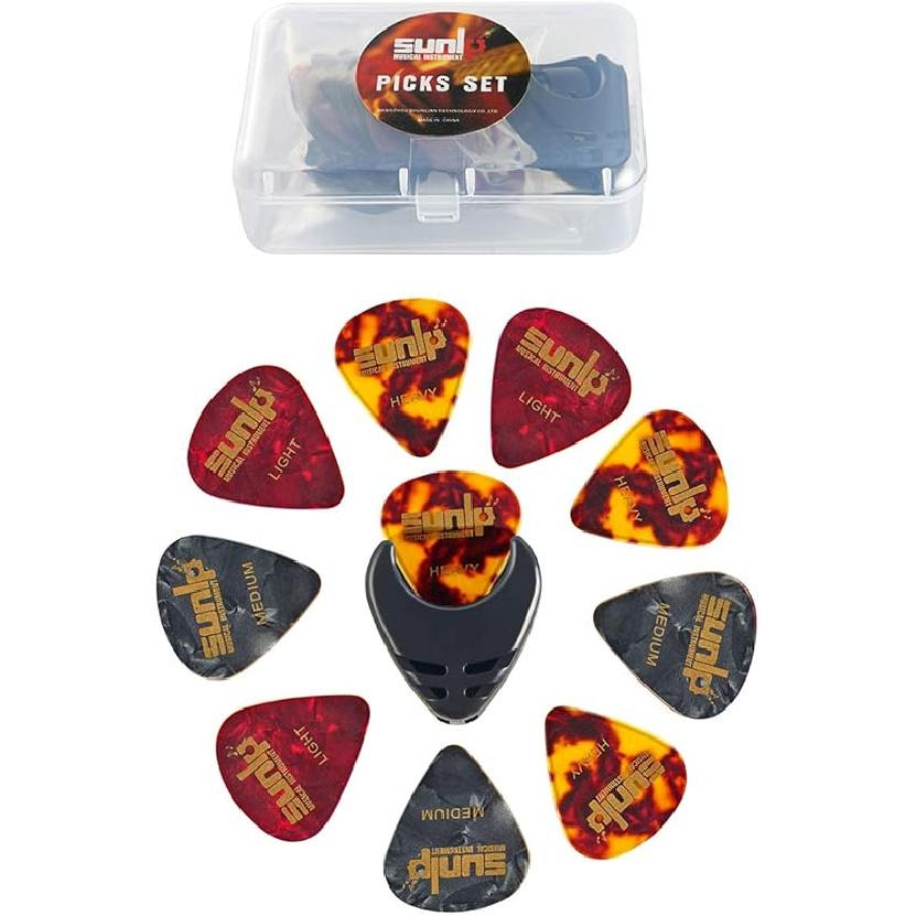 Premium Guitar Picks 24pcs Thin Medium Heavy Gauge Variety Pack with Picks Holder Plastic Picks Box SUNLP Celluloid Guitar Picks for Acoustic Vintage Style