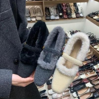 Square Heel High Heels Splicing Plush Warm Thick Soles Winter Thick Leather Shoes Casual Small Fragrant Hair Shoes
