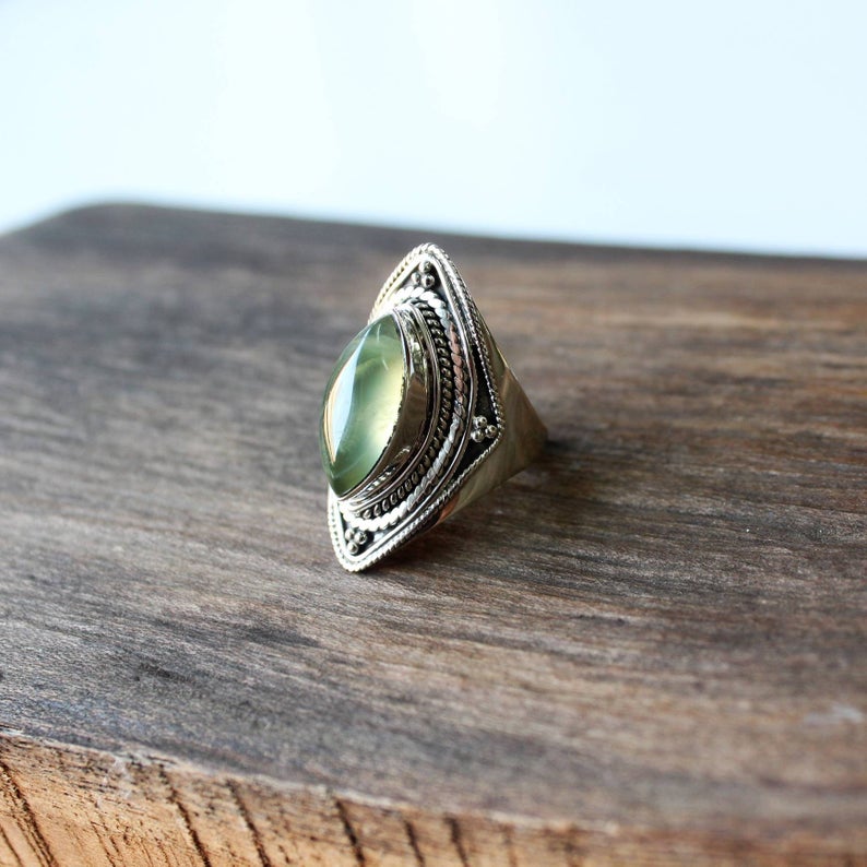 Natural Prehnite AAA+Quality Ring, Finger Boho Ring, 925-Sterling Silver Ring, Engagement Gift, Marquise Gemstone Ring, Handmade Jewelry,