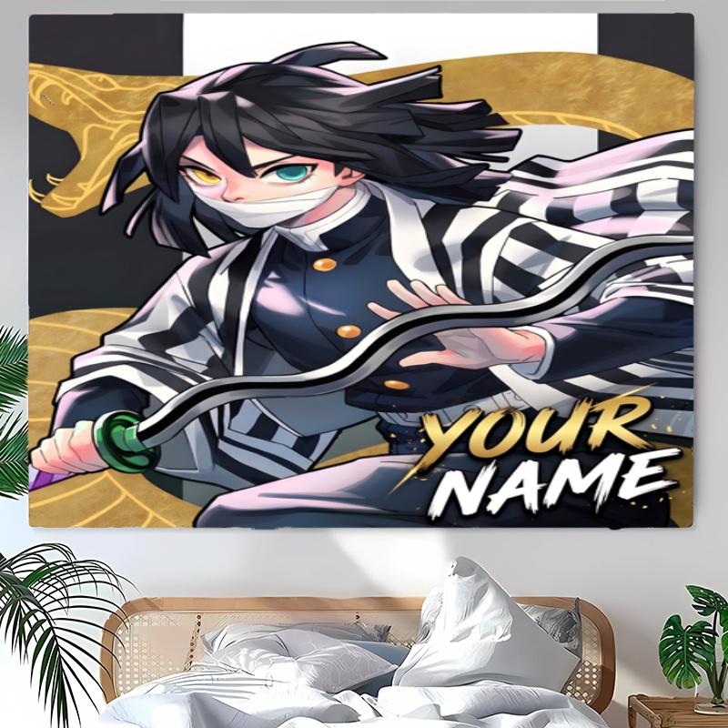Iguro Obanai Tapestry with Custom Name Wall Hanging Room Background Cloth Home Decor Beach Mat Yoga Mat Sofa Bed Sheet