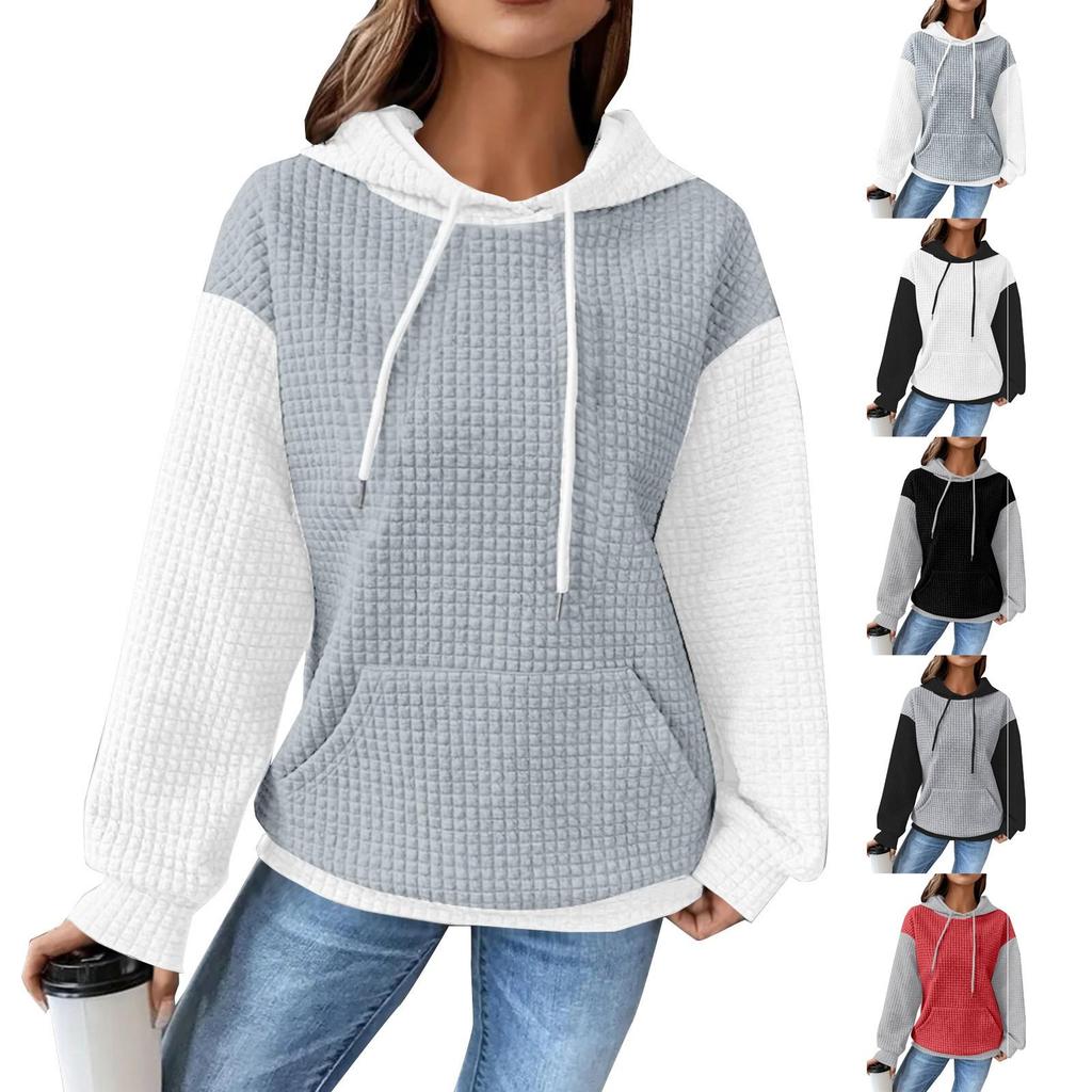 Top a manica lunga con cappuccio, stile casual, a blocchi di colore, a quadri, con coulisse e tasca