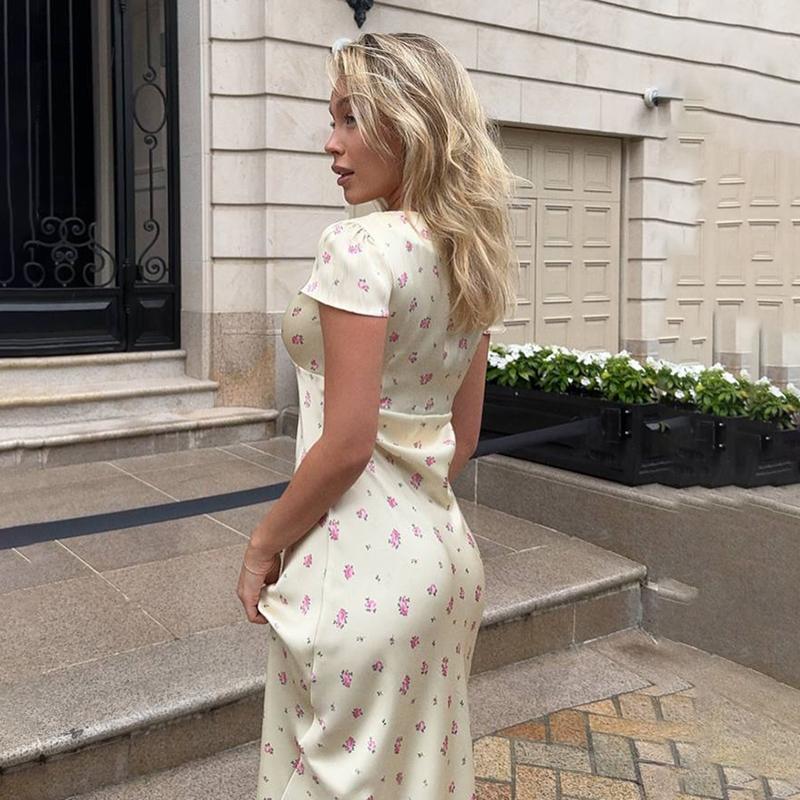 Floral Print Long Dress Women's Sexy V Neck Short Sleeve High Waist Dress Female Fashion Casual Vacation Slim Dresses