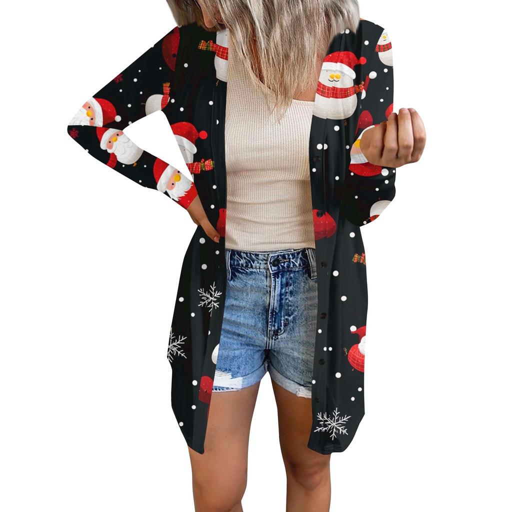 Long Sleeve Women Retro Printed Top Lightweight Basic Loose Jacket Cardigan Casual Shirts Christmas