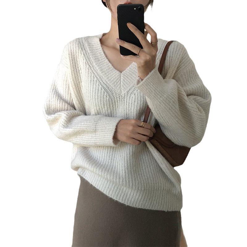 Sweater Lazy Style V-neck Pullover Sweater Women's Loose Autumn and Winter Korean Retro Women's Knitted Sweater