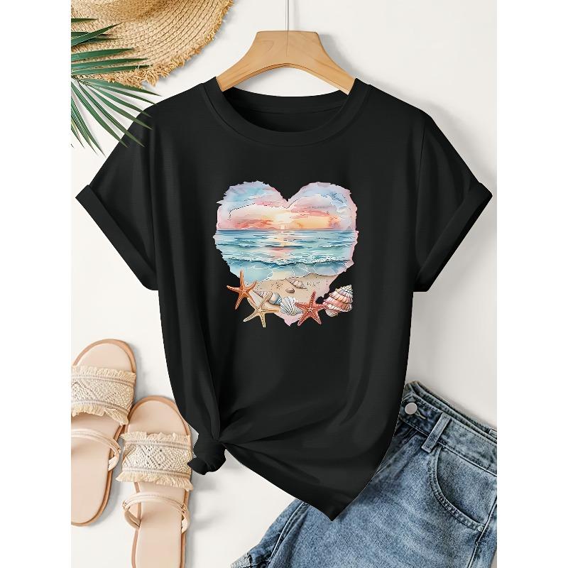 

European Size Women s Beach-Themed Heart & Print T-Shirt Suitable for - Casual Loose Fit Vintage Top with Round Neck, Short Sleeve Blouse 4XL чорний