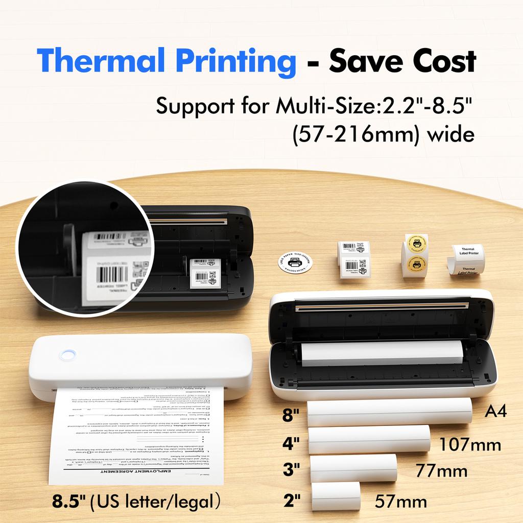 Bisofice A4 Portable Thermal Transfer Printer Wireless&USB Connect Connect with Mobile Computer 56mm 77mm 107mm