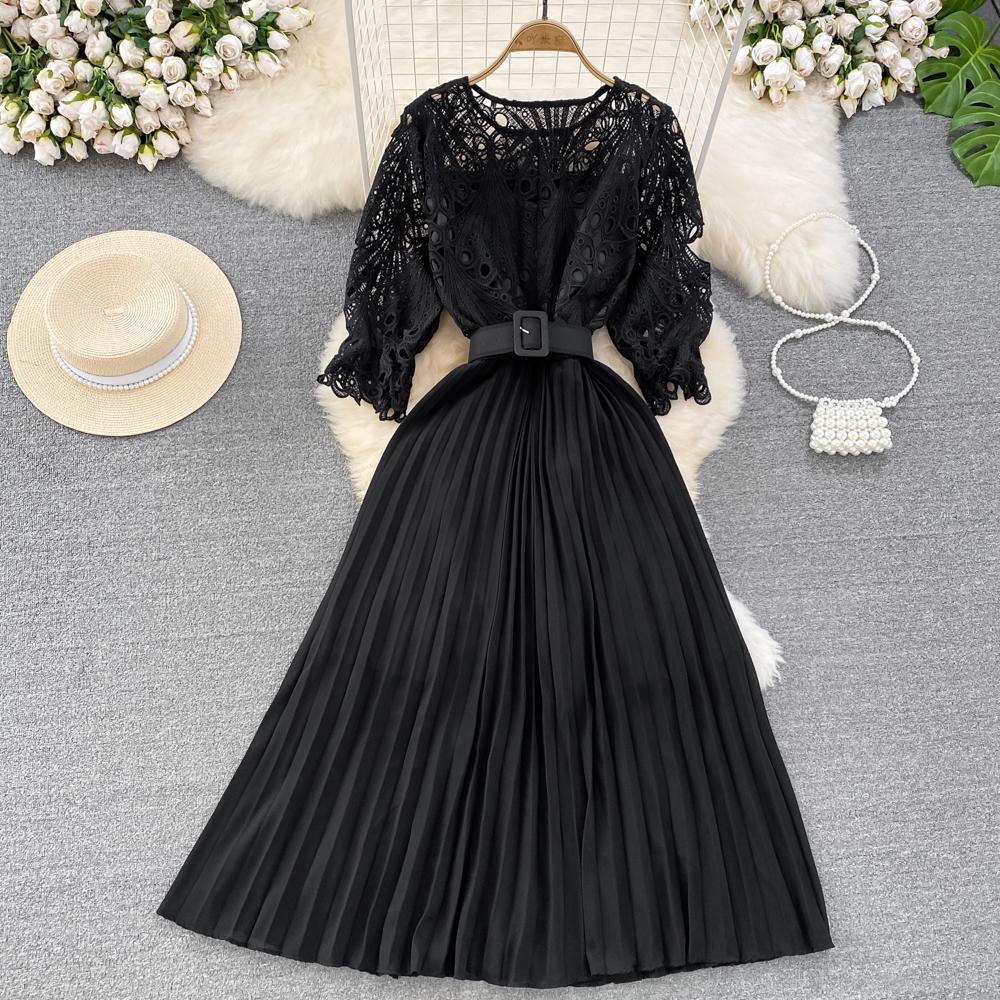 Summer Women Hollow Out Lace Pleated Long Dress Vintage Female O-Neck Yellow/Purple/Blue/Black Patchwork Draped Maxi Vestidos