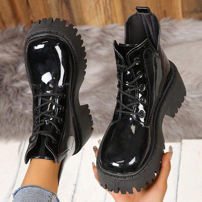 Fashion Chunky Platform Ankle Boots for Women Fashion Thick Bottom Non Slip Combat Booties Woman Black Patent Leather Punk Botas Mujer