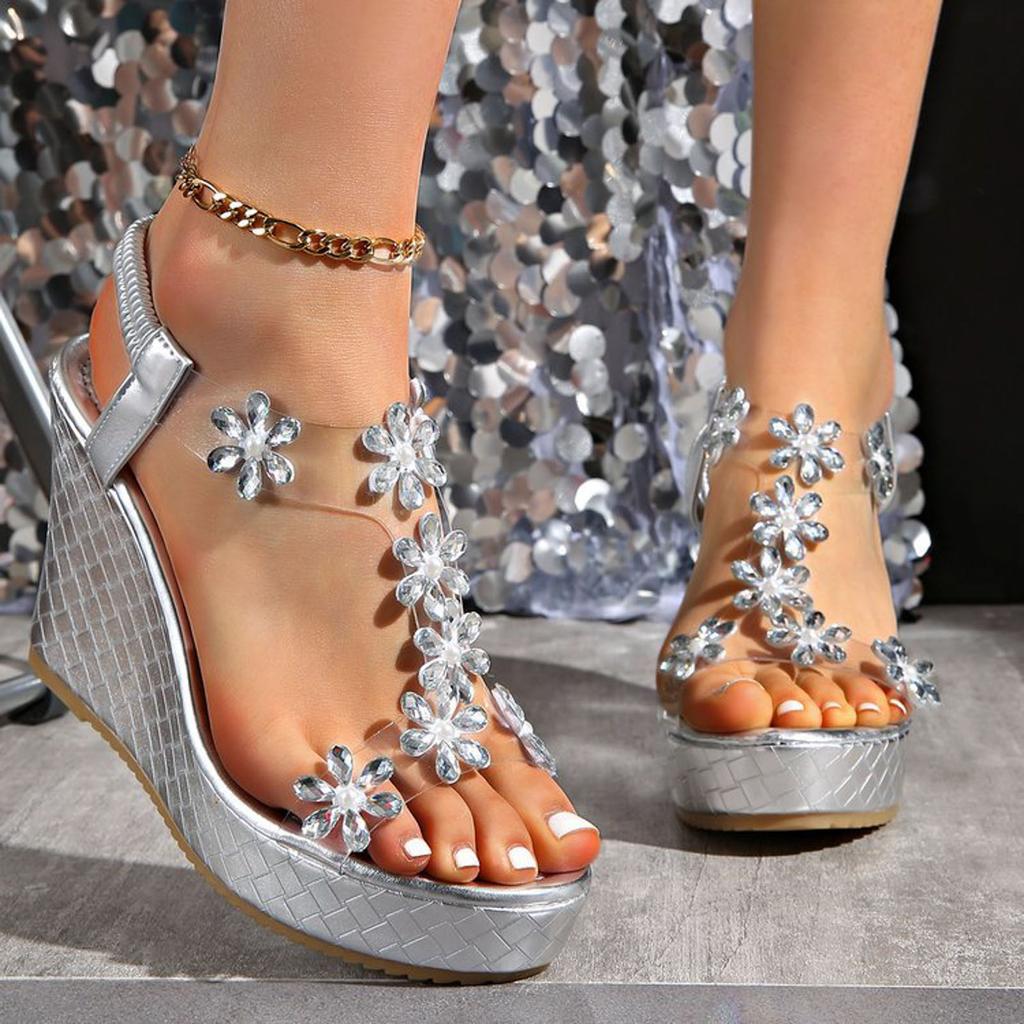Cool Sandals Women'S Glossy Platform Wedge Sandal With Rhinestones And Cutout Details Open Toe Design Suitable For Womens