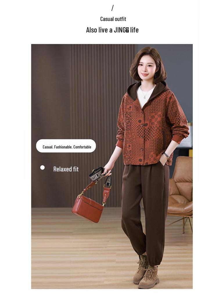 Set două piese jachetă casual cu glugă mărime plus și pantaloni harem