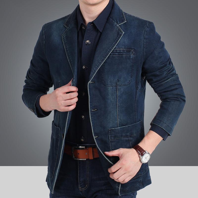 Spring and Autumn New Casual Denim Suit Jacket Men Handsome Slim Solid Color Small Suit Fashion Jacket