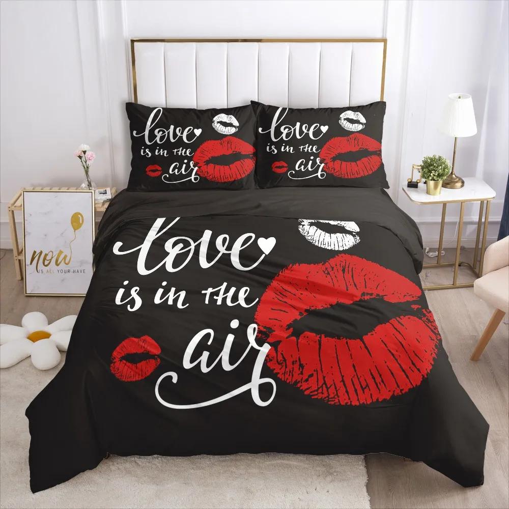 Rote Lippen Königin King Bettbezug 3D Sexy Lippen Himbeere Bettwäscheset für Mädchen Frauen Kuss Pink Weich 2/3-teilig Bettdeckenbezug Kissenbezug