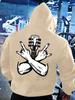1Rock And Roll Hoodie for Men, Guitar Headstock & Metal Horns Hand Gesture Back Print Pullover Sweatshirt