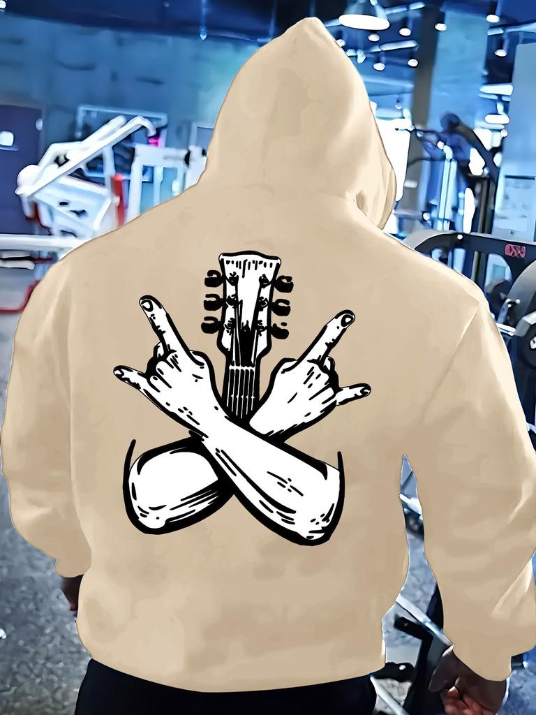 1Rock And Roll Hoodie for Men, Guitar Headstock & Metal Horns Hand Gesture Back Print Pullover Sweatshirt