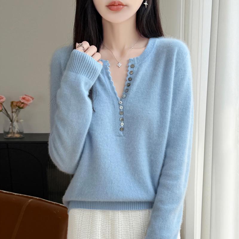 2026 Autumn Winter Women's V-Neck Long Sleeve Knit Wool Sweater, Loose Fit, Plus Size