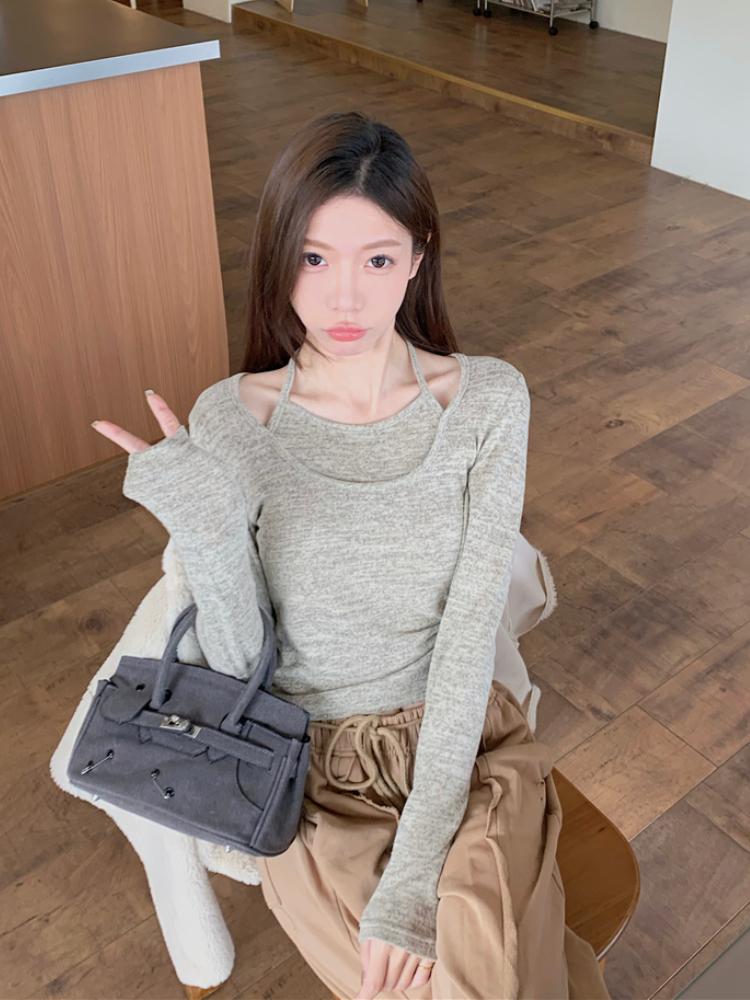 Sweet Hanging Neck Fake Two Pieces Tops Women Korean Chic Bottoming Slim T-Shirt Harajuku Fashion Casual Clothes Autumn 2024 New
