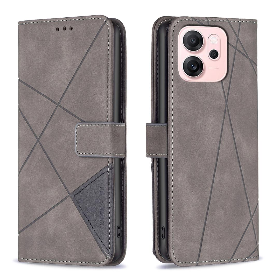 

For Oppo Reno14 F 5G Phone Case BINFEN COLOR Wallet Stand Geometry Imprinted Leather Cover Grey