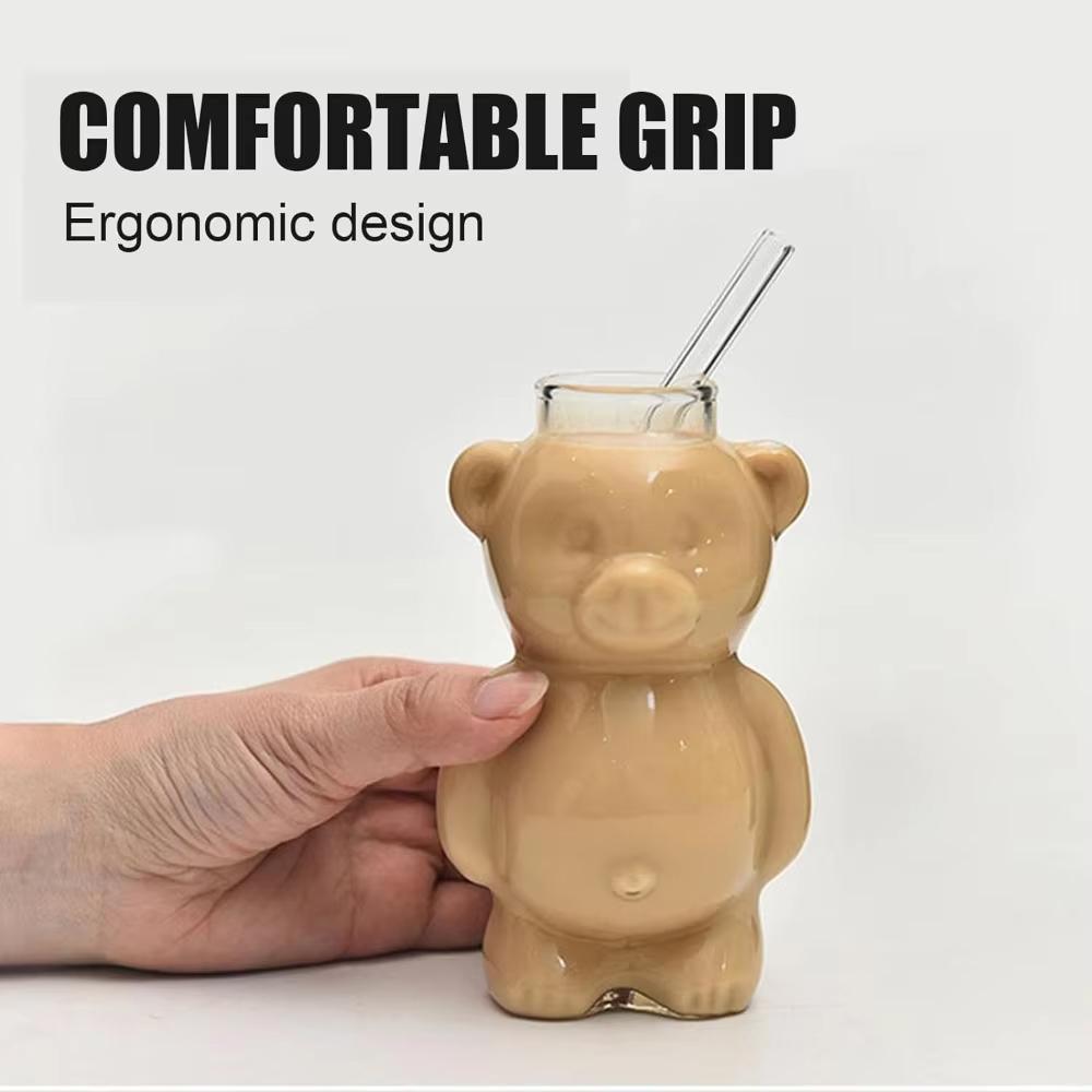 320ML Cartoon Bear Shaped Coffee Mug Cute Bear Mug Glass Cup With Straw Transparent Creative Milk Coffee Water Cups