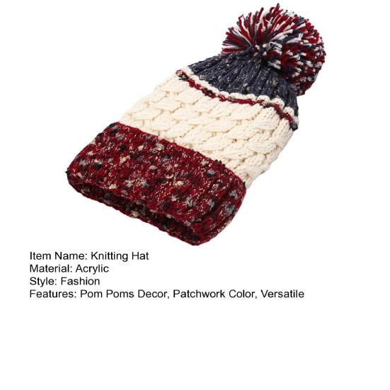 Women Winter Knitting Hat with Pom Poms Decor Patchwork Color Autumn Winter Jacquard Hat Windproof Breathable Headwear