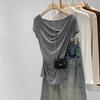 Exquisite Off-Shoulder French Drape Tee: 2025 Summer White Cinched Waist, Short-Sleeve Crop Top.