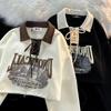 Dames Slim-Fit Retro Kleurblok Sweatshirt met Vetersluiting en Polokraag, Lange Mouwen, Koreaanse Stijl voor Lente/Herfst