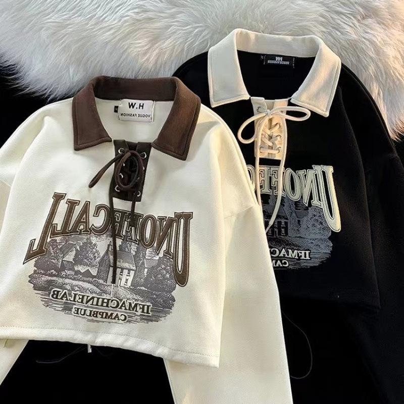 Dámská mikina slim-fit s retro barevným blokováním na šněrování s polokošilí, dlouhý rukáv, korejský styl na jaro/podzim